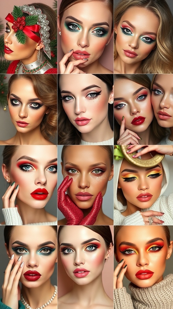 Festive Christmas Makeup Mood Board A mood board displaying various Christmas makeup looks with festive colors and styles.